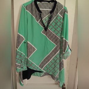 Size XL, turquoise, black and white, long or three quarter sleeve blouse